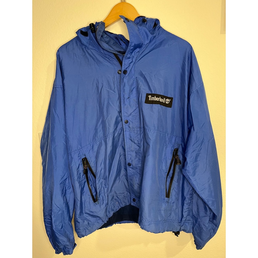 Timberland Windbreaker Jacket Mens Large Blue Good Mesh Lined Hooded Gorpcore